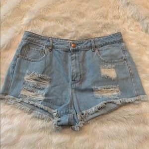 high waisted distressed denim shorts